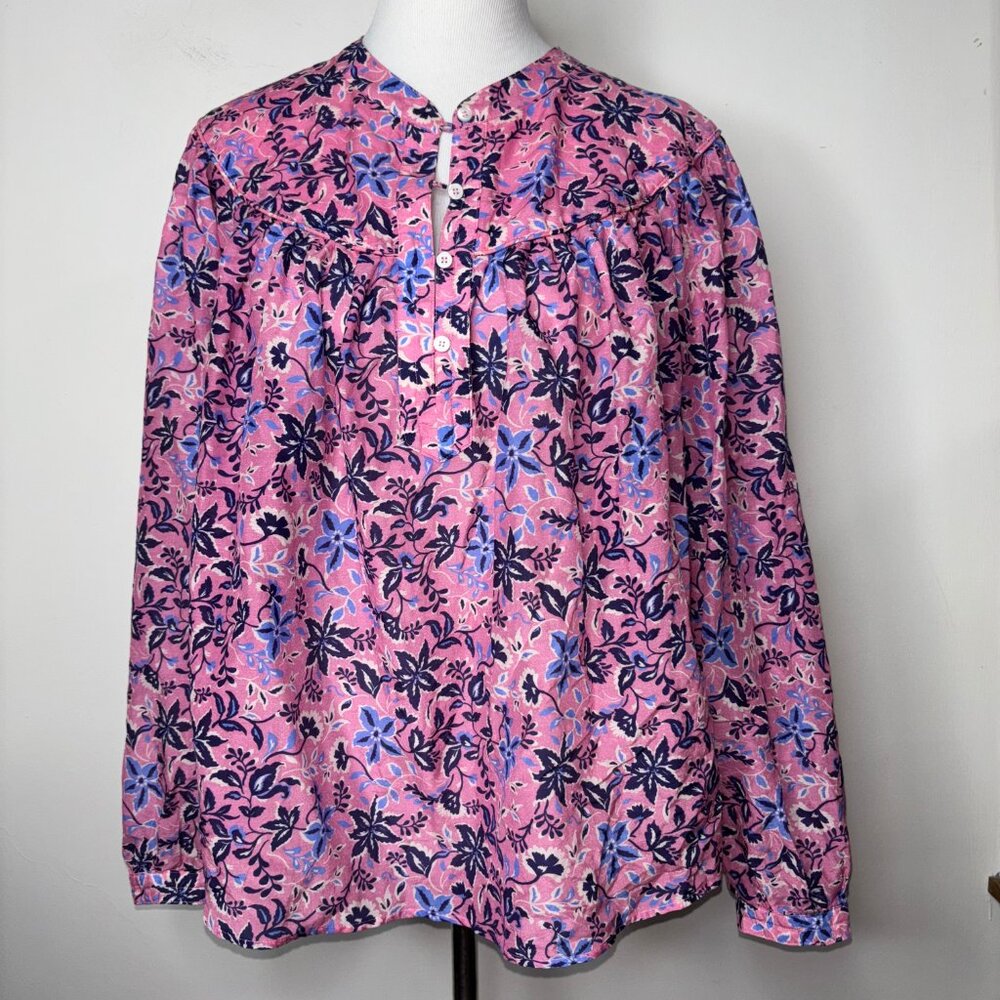 XIRENA Floral Cotton Silk Top Blouse Tunic Pink Blue Pleasant Boho Oversized L
